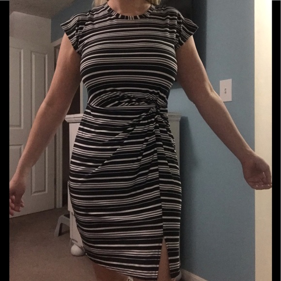 no comment Dresses & Skirts - Shirred snatched waist stripe stretch slit dress